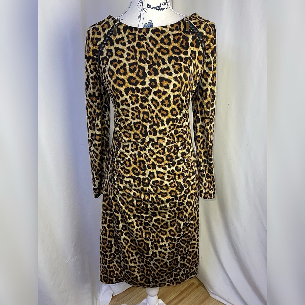 VENUS Leopard Print Long Sleeve Bodycon Dress w Ruching Zipper Detail Shoulders